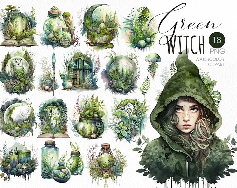 Green Witch PNG clipart. Witchy watercolor clipart. image 1