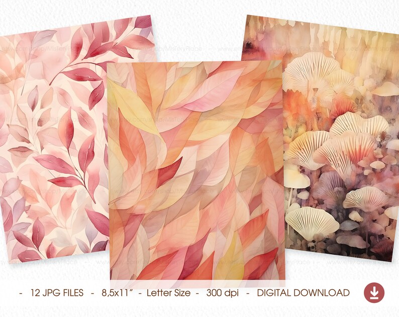 May include: A set of 12 digital paper designs featuring watercolor illustrations of leaves and mushrooms in shades of pink, orange, and yellow. The papers are 8.5 inches by 11 inches and 300 dpi.