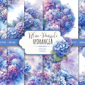 Hortensien florales digitales Papier, blau lila Aquarell Blumen Hochzeit Scrapbook Papier, printable Ephemera