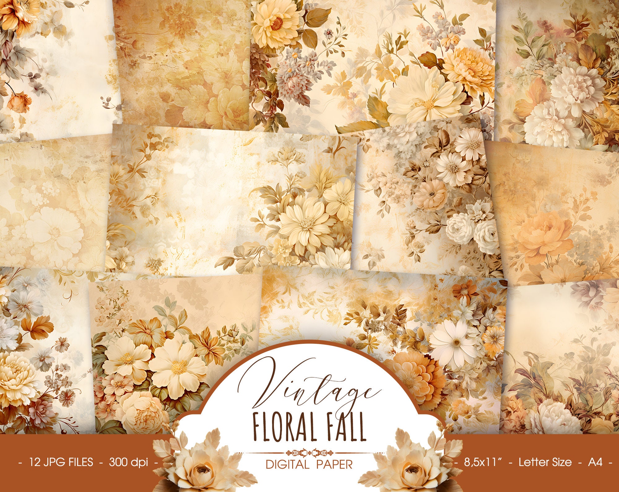 Vintage floral fall digital paper, printable autumn grunge scrapbook paper, fall shabby chic background for junk journal journal