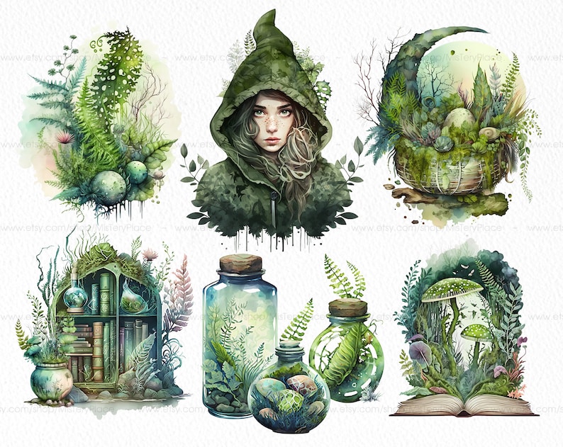 Green Witch PNG clipart. Witchy watercolor clipart. image 2