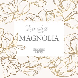 Gold magnolia flower clipart. Floral line art PNG clipart. Botanical wedding clipart.
