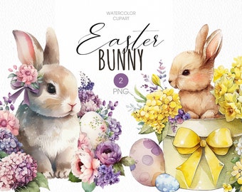 Watercolor Easter Bunny Clipart, Floral PNG Set (Digital Download)
