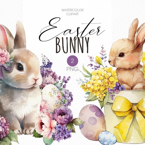 Easter bunny PNG clipart. Easter cute bunny watercolor clipart.