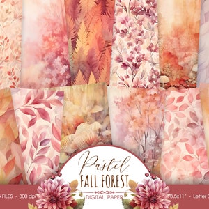 Carta digitale pastello foresta autunnale, carta per scrapbook acquerello autunnale astratto, sfondo foglie autunnali per il diario, download digitale