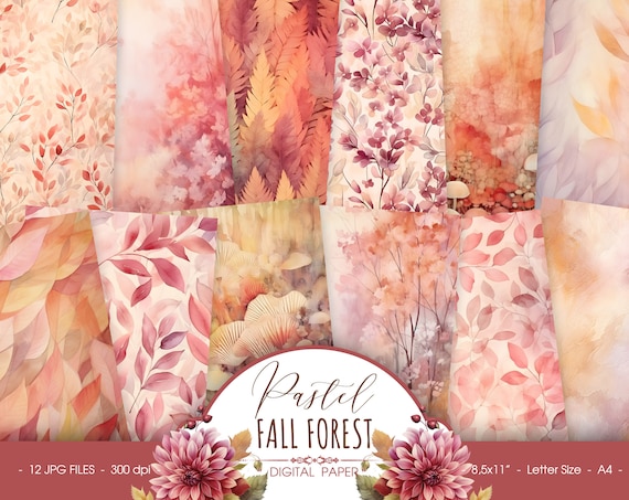 Pastel fall forest digital paper, abstract autumn watercolor scrapbook paper, fall leaves background for journal, digital download