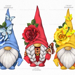 May include: Three gnomes with white beards and red, blue, and yellow hats. Each gnome is wearing a different colored outfit and has a flower crown with a butterfly on top. The flowers are a red rose, a blue rose, and a yellow rose.