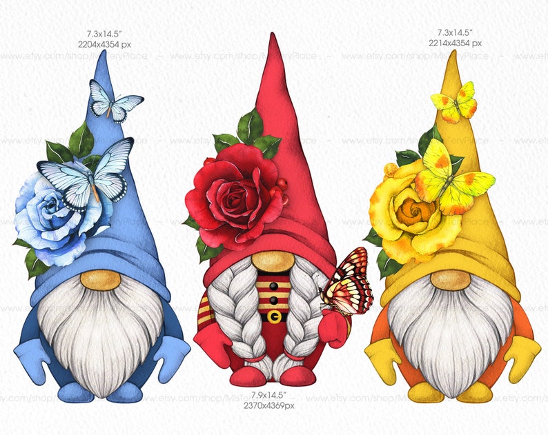 May include: Three gnomes with white beards and red, blue, and yellow hats. Each gnome is wearing a different colored outfit and has a flower crown with a butterfly on top. The flowers are a red rose, a blue rose, and a yellow rose.