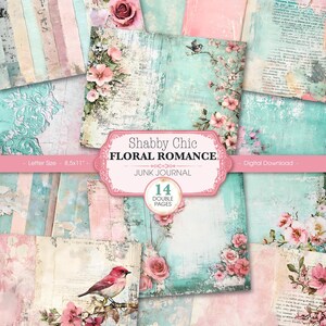 Shabby Chic Vintage Floral Junk Journal kit, Pink Turquoise printable pages, digital paper craft Collage Sheet ephemera for scrapbooking
