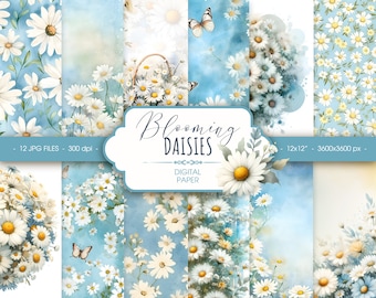 Daisy floral digital paper, abstract watercolor daisies flowers printable scrapbook paper