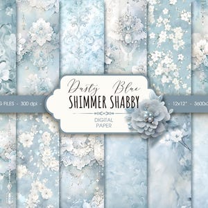 Shabby chic blue floral watercolor digital paper, abstract dusty blue wedding lace scrapbook paper, printable boho ephemera