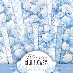 Blue Watercolor Floral Digital Paper: Scrapbook & Baby Shower Backgrounds (Digital Download, 8.5x11")