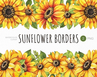 Könnte beinhalten: Zwei Aquarell-Sonnenblumen-Ränder mit gelben und orangefarbenen Blütenblättern, grünen Blättern und kleinen gelben Blüten. Der Text "WATERCOLOR CLIPART SUNFLOWER BORDERS 2 PNG" befindet sich oben im Bild.