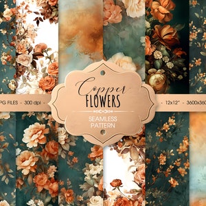 May include: Twelve digital paper designs featuring copper coloured floral patterns on a teal background. The designs are seamless and can be used for scrapbooking, card making, and other craft projects. The text "Copper Flowers Seamless Pattern" is displayed on a brown label.
