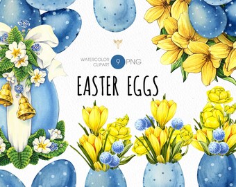 May include: Watercolor clipart featuring blue Easter eggs with white polka dots, adorned with yellow flowers, white bows, and gold bells. The text "EASTER EGGS" is displayed in black.