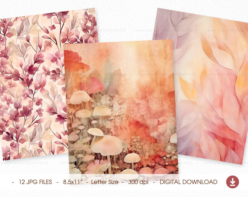 May include: A set of 12 digital paper designs featuring watercolor illustrations of mushrooms, leaves, and flowers in shades of pink, orange, and yellow. The papers are 8.5 x 11 inches and 300 dpi.