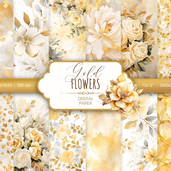 Gold flowers digital paper, abstract floral watercolor scrapbook paper, digital download