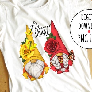 May include: Two gnomes with flowers and butterflies on their hats. The gnome on the left has a yellow hat with a yellow rose and butterflies. The gnome on the right has a red hat with a red rose and a butterfly. The text "Magic Summer" is written above the gnomes.