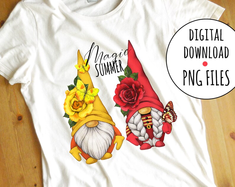 May include: Two gnomes with flowers and butterflies on their hats. The gnome on the left has a yellow hat with a yellow rose and butterflies. The gnome on the right has a red hat with a red rose and a butterfly. The text "Magic Summer" is written above the gnomes.