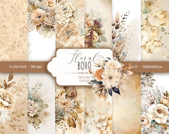 Boho floral digital paper, abstract bohemian wedding scrapbook paper, watercolor boho background, digital download