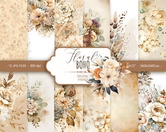 Boho florales digitales Papier, abstraktes Boho-Hochzeits-Scrapbook-Papier, Aquarell-Boho-Hintergrund, digitaler Download