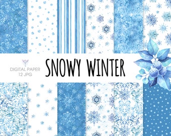 Winter snow watercolor digital paper pack. Snowflakes and frost pattern scrapbook paper. Blue winter background