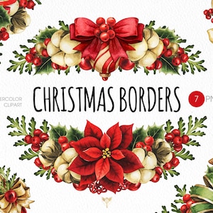 May include: Seven watercolor Christmas border illustrations featuring holly, berries, poinsettias, cotton, candy canes, and bows.  Watercolor clipart.