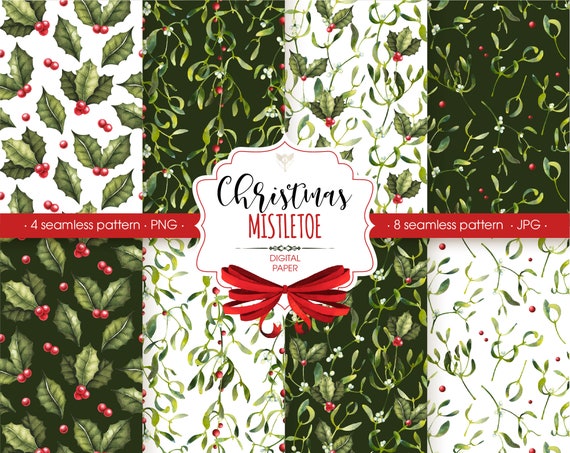 Christmas Mistletoe Seamless Pattern, Holiday Digital Paper (PNG, JPG)