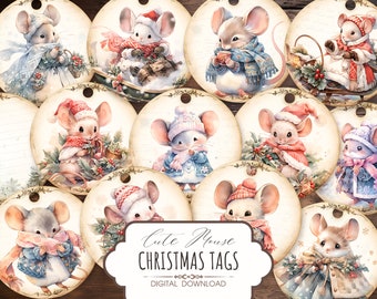 Christmas gift tags labels, printable DIY Christmas decor for scrapbooking and junk journal, vintage round luggage tags, digital download