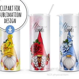 May include: Three sublimation designs featuring gnomes with different colored hats and flowers. The gnomes are wearing red, blue, and yellow hats. The text "Magic Summer" is on each design.