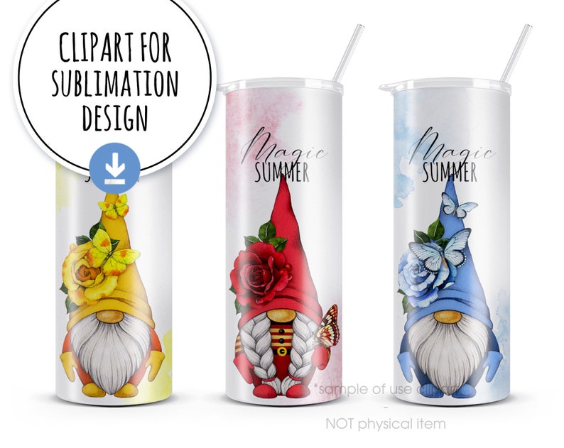 May include: Three sublimation designs featuring gnomes with different colored hats and flowers. The gnomes are wearing red, blue, and yellow hats. The text "Magic Summer" is on each design.
