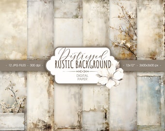 May include: Twelve digital paper backgrounds featuring distressed, rustic textures in shades of beige, brown, and white. The papers include a floral motif with white blossoms and brown branches.