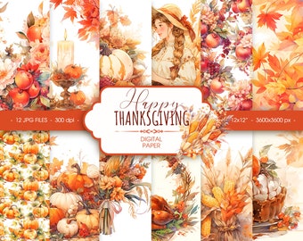 Thanksgiving digital paper, fall harvest scrapbook paper, cottagecore autumn watercolor floral pumpkin background, digital download
