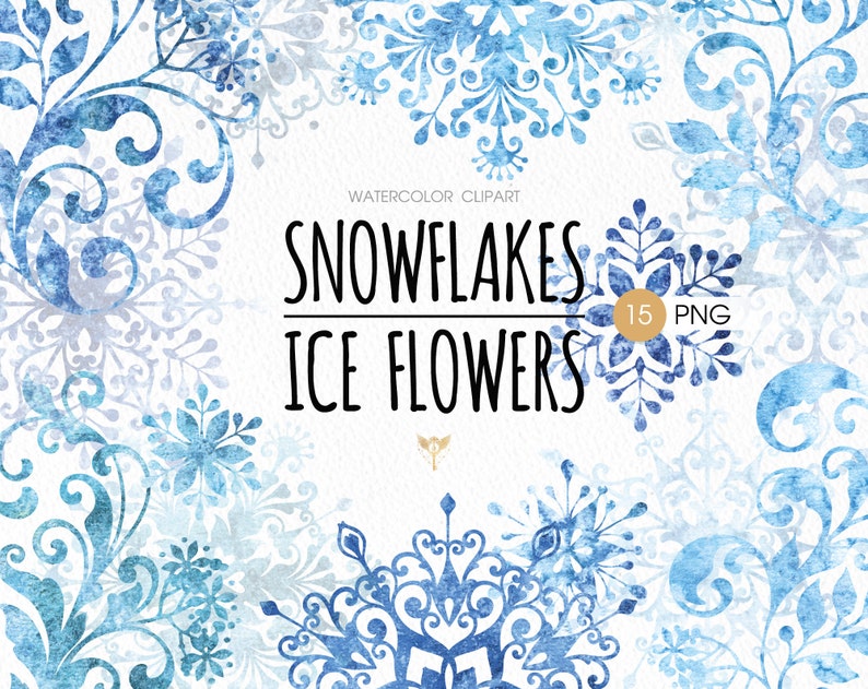 Puede incluir: Clipart de acuarela de 15 copos de nieve y flores de hielo azules. El texto "Snowflakes Ice Flowers 15 PNG" est&aacute; en el centro de la imagen.