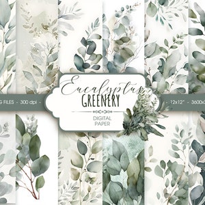 Eucalyptus watercolor digital paper, abstract sage green greenery wedding scrapbook paper