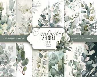 May include: A set of 12 digital papers featuring watercolor illustrations of eucalyptus leaves in shades of green and white. The papers are 12x12 inches and 3600x3600 pixels.