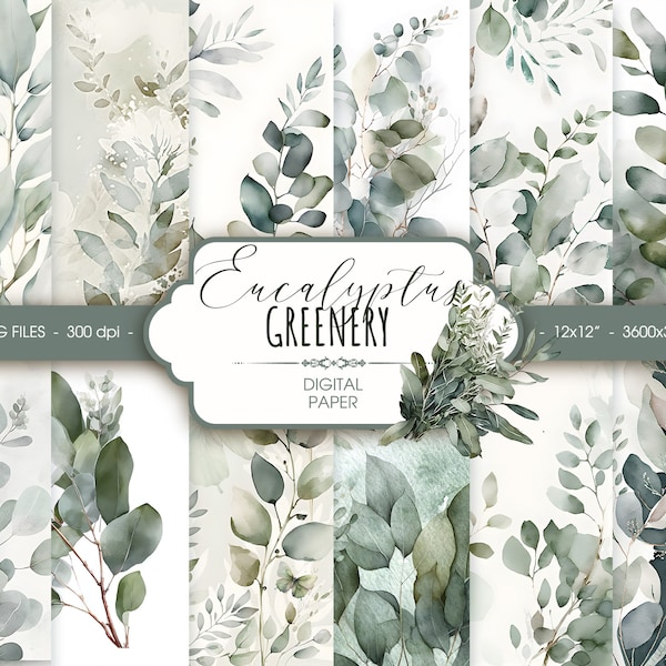 Eucalyptus watercolor digital paper, abstract sage green greenery wedding scrapbook paper