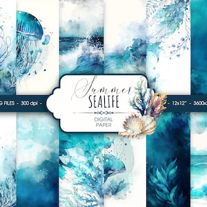 Papel digital de acuarela de mar, papel de álbum de recortes submarino azul abstracto