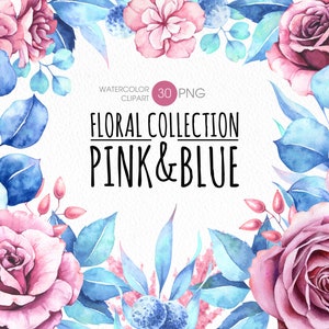 Clipart floral rose et bleu de PNG d’aquarelle. Fleurs roses, baies de feuilles - clipart de mariage