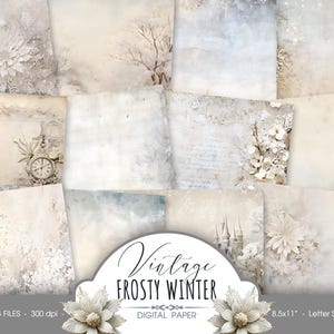 May include: Twelve digital paper backgrounds featuring a vintage frosty winter theme. The papers are in shades of white, gray, and blue with delicate floral designs and a clock face.