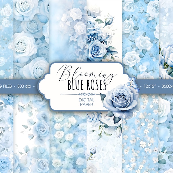 Pastel blue floral digital paper, blue rose watercolor scrapbook paper, abstract wedding floral pattern background, digital download