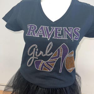 Ravens Girl Rhinestone T-Shirt: Bling Football Heel, Fitted V-Neck