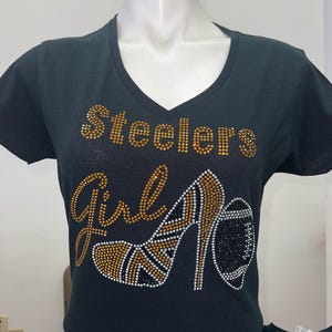 Premium rhinestones bling football t-shirt (black, v-neck fitted) w/heel