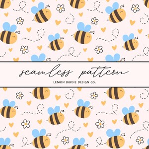 May include: A seamless pattern featuring yellow and black striped bees with light blue wings, small white flowers, and yellow hearts on a pale pink background. The text seamless pattern and LEMON BIRDIE DESIGN CO. appear in the center.