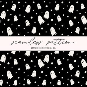 May include: A seamless pattern featuring white ghost illustrations and small white dots on a solid black background. A horizontal white banner across the centre displays the text seamless pattern and LEMON BIRDIE DESIGN CO. in black.