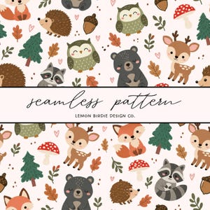 May include: A seamless pattern featuring cartoon forest animals including foxes, hedgehogs, owls, bears, raccoons, and deer, interspersed with pine trees, acorns, red mushrooms, and small hearts on a light background. Text reads seamless pattern.