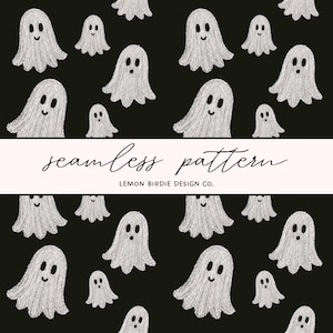 Nahtloses digitales Papier mit Kreidegeistern, handgezeichnetes Halloween-Muster, digitaler Download, PNG + JPG