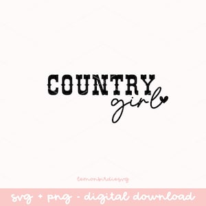 Pu&ograve; includere: Grafica in bianco e nero con il testo "COUNTRY girl" con un piccolo cuore accanto alla parola "girl".