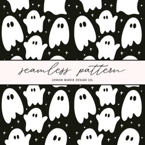 White Ghosts Seamless Pattern, Cute Halloween Repeating Background, Digital Download, PNG + JPG