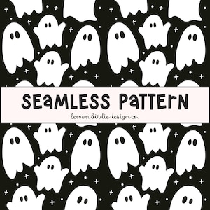 May include: A seamless pattern featuring white ghost illustrations with black oval eyes on a black background, accented by small white dots and plus signs. A horizontal banner across the center displays the text SEAMLESS PATTERN lemon birdie design co.